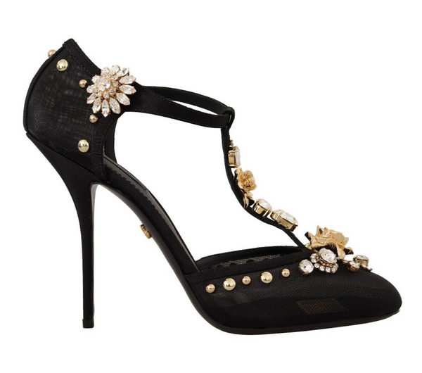 Dolce & Gabbana Elegant Crystal-Embellished Mesh T-Strap Pumps