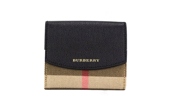 Burberry Luna Black Grained Leather House Check Canvas Coin Pouch Snap Wallet