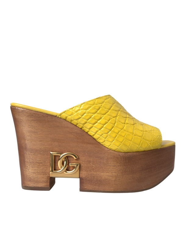 Dolce & Gabbana Yellow Leather Wood Mule Wedge Slides Shoes