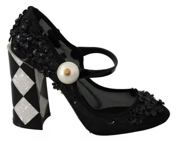 Dolce & Gabbana Black Floral Embellish Heels Mary Janes Pumps Shoes