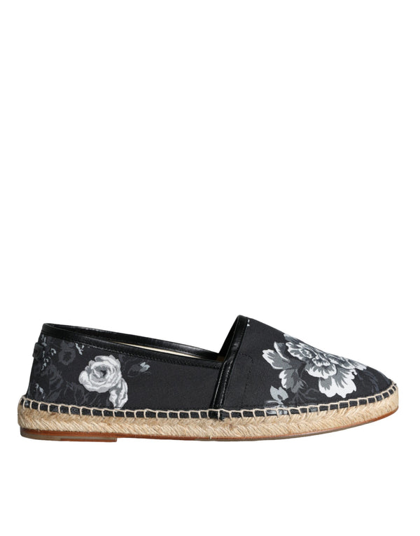 Dolce & Gabbana Black Floral Cotton Leather Espadrilles Shoes