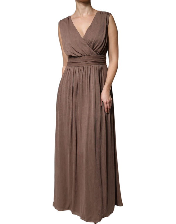 Peserico Brown Sleeveless Deep V-neck A-line Long Maxi Dress